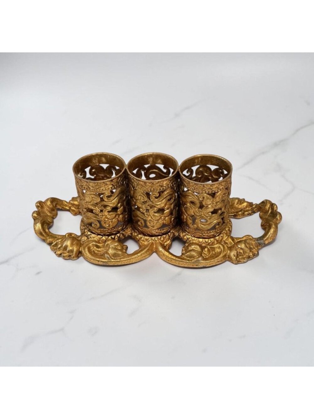 Gold Tone Filigree Vanity Lipstick Holder With Ornate Design Holds 3 Lipsticks